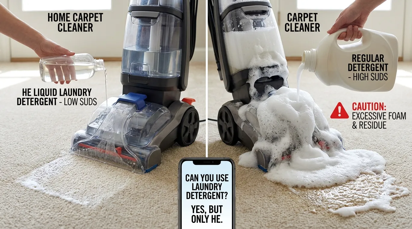Comparison of HE laundry detergent and regular detergent used in a carpet cleaner machine on residential carpet