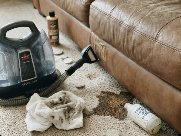 clean leather sofa on carpet, carpet stain removal