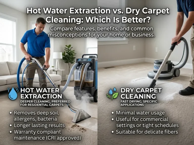 Hot Water Extraction vs. Dry Carpet Cleaning: Which Is Better? 1 Hot water extraction vs dry carpet cleaning comparison in a residential home