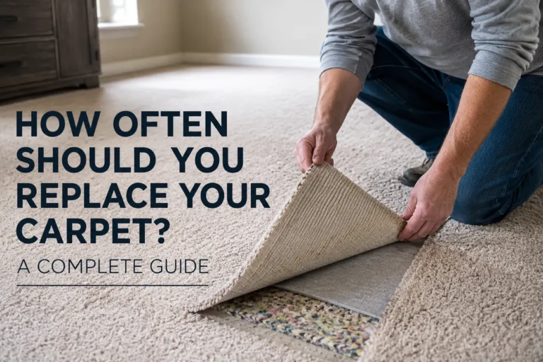 Homeowner lifting carpet to inspect padding underneath while assessing whether it is time to replace an aging residential carpet