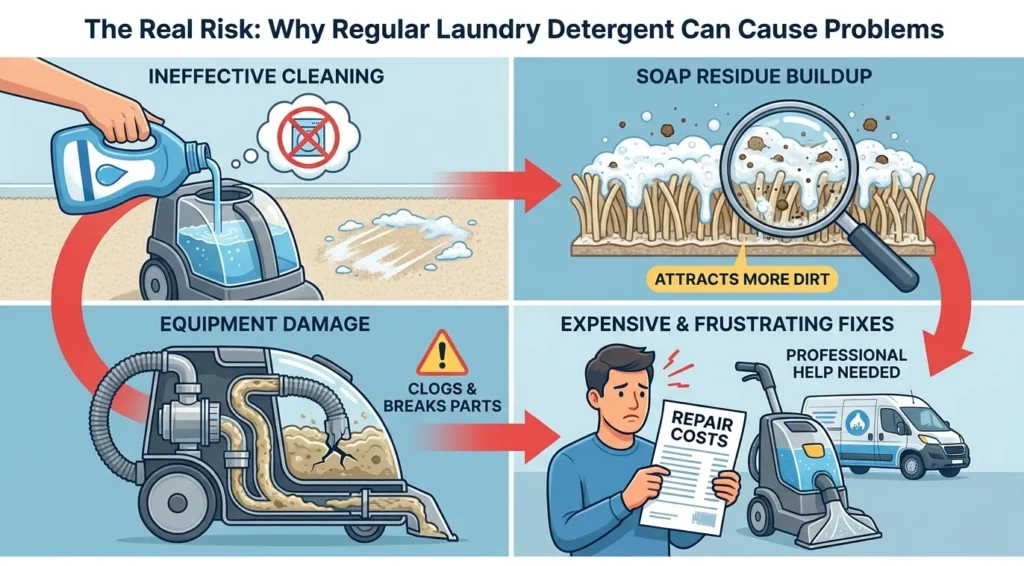 Infographic showing residue buildup, foaming, and machine damage from regular laundry detergent in carpet cleaners
