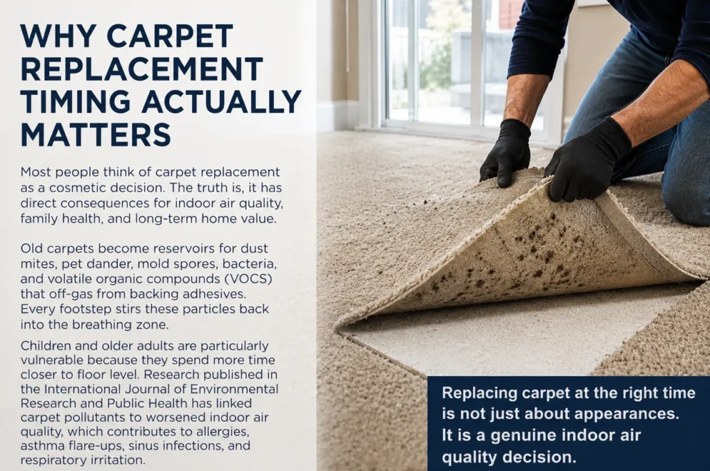 Different carpeted areas of a home including hallway, living room, bedroom, stairs, and rental property showing varying carpet lifespan expectations.