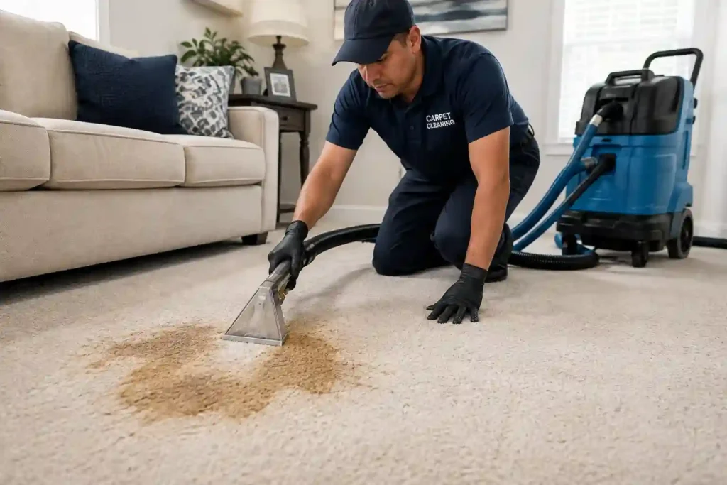 Professional carpet cleaner removing a difficult pet stain