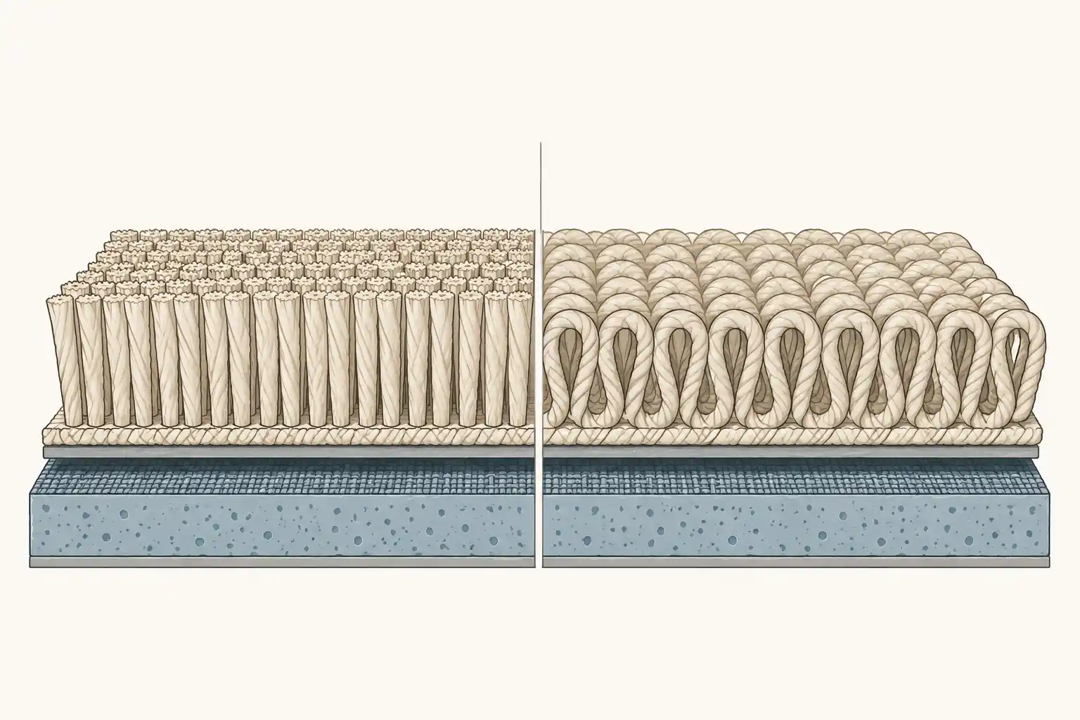 Cut pile and loop pile carpet compared showing where flea pupae hide