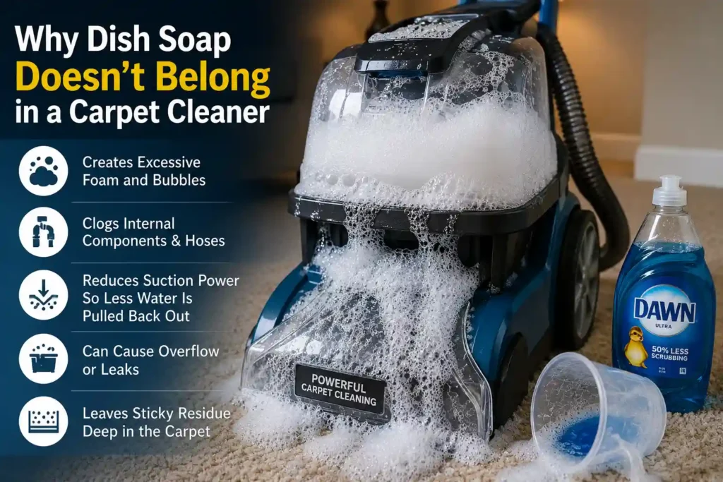 Dish soap causing excessive foam in a carpet cleaning machine