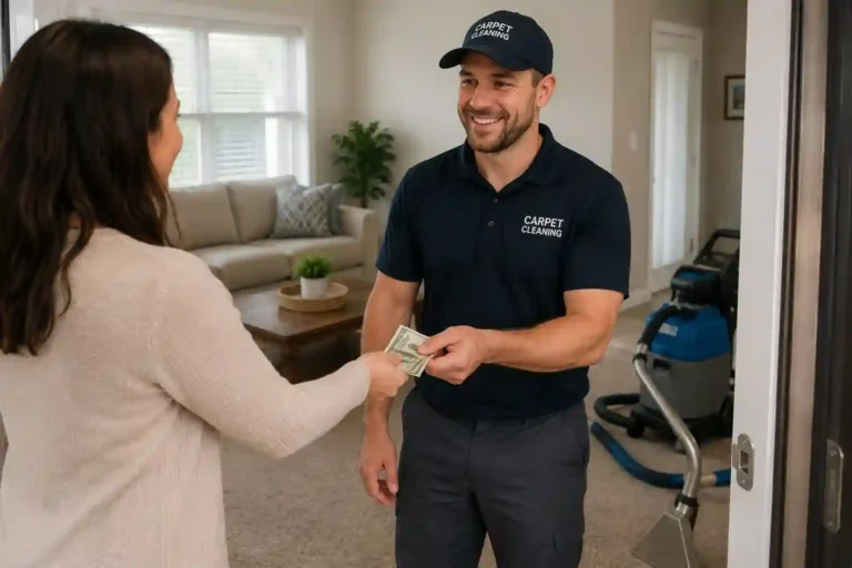 Homeowner tipping a professional carpet cleaner after service