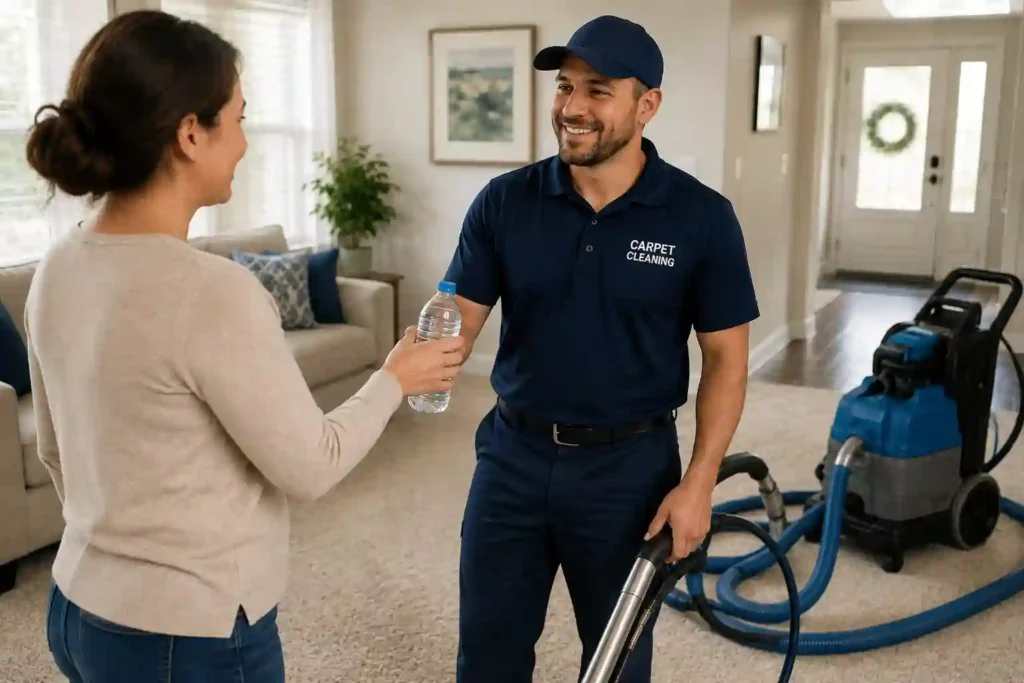 Homeowner thanking a carpet cleaner with a bottle of water