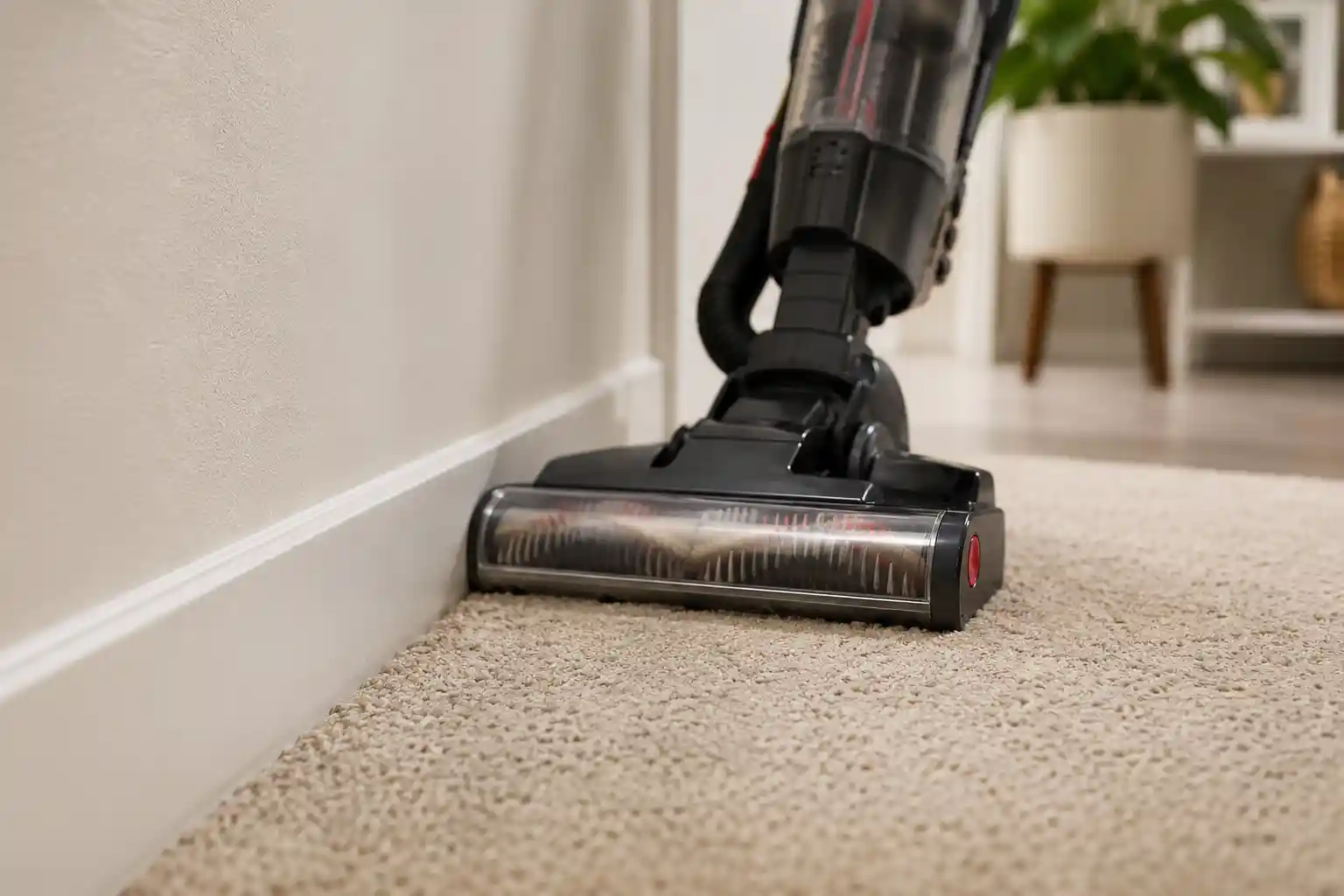 Vacuuming carpet edges and baseboards where flea larvae hide